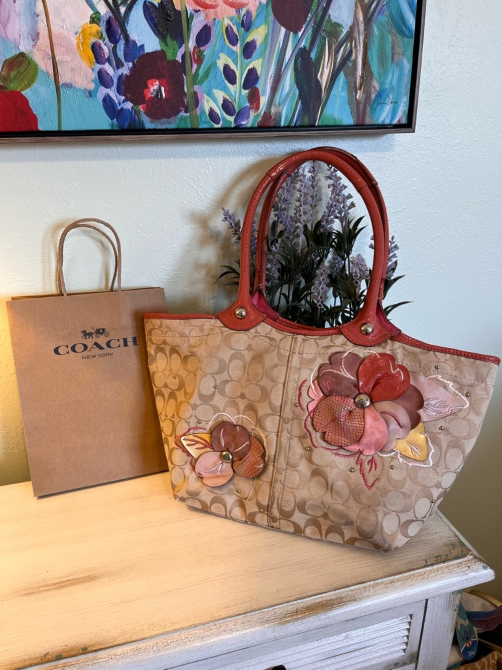 Coach Bleecker Signature Floral Canvas Tote Bag Khaki/Pink
